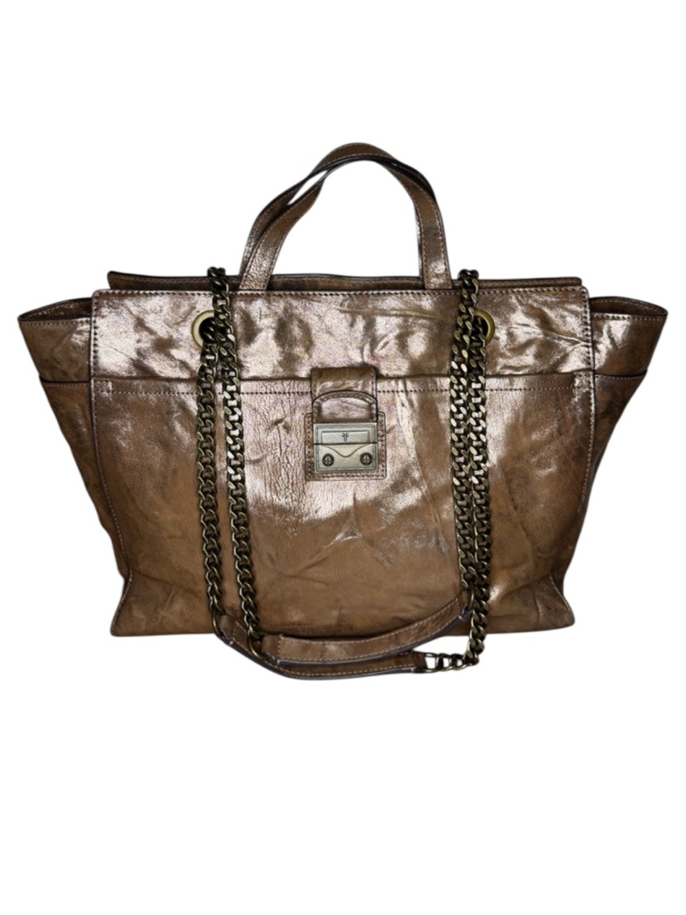 Frye Ella Dark Taupe Brown Gold Metallic Shoulder Bag with Crossbody Chain